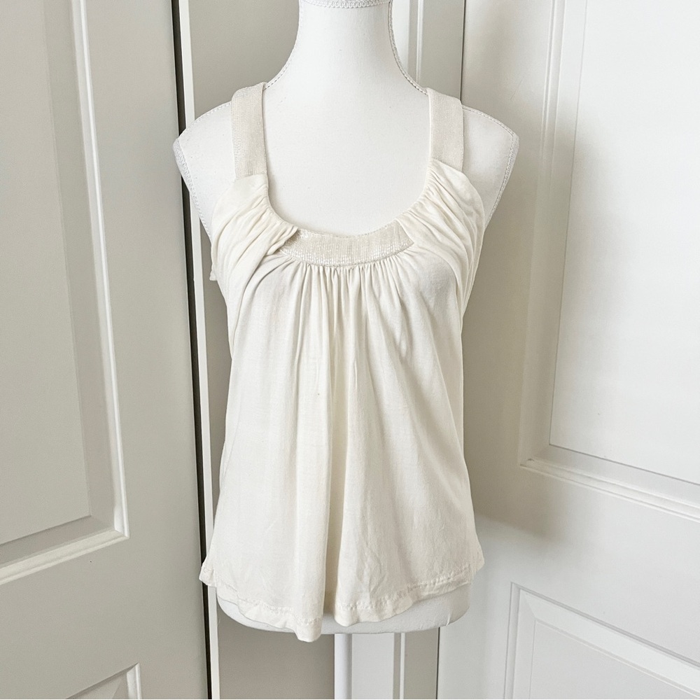 Beaded Ivory Smocked Halter Swing Blouse – Chic Resortwear, Size S/M